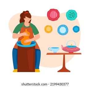 Pottery and hobby - modern colored vector poster on white background with woman sculpting a beautiful vase from clay. Handicraft, art and entertainment. Vase, plate, teapot and sculpture idea