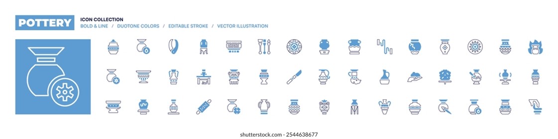 Pottery icon collection. Bold line style. Duotone colors. Editable stroke. wire, ceramic, pottery, jug, vase, bowl, dish, scalpel, brushes, clay, time.