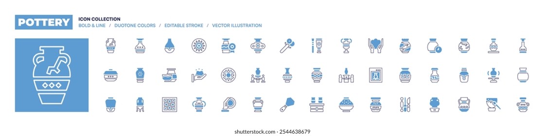 Pottery icon collection. Bold line style. Duotone colors. Editable stroke. pottery, exhibition, vase, paint, tool, knife, mold, electric, award.