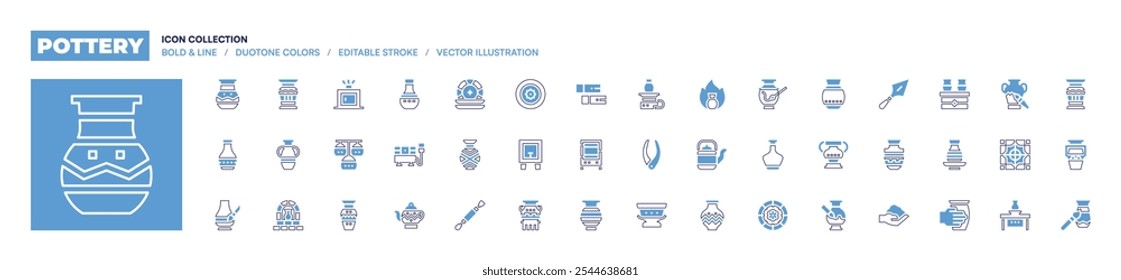 Coleção de ícones de cerâmica. Estilo de linha em negrito. Cores duotônicas. AVC editável. pintura, argila, torno, placas, prato, vaso, fogo, elétrico, bule, spray, ferramenta, forno, cerâmica, cerâmica.