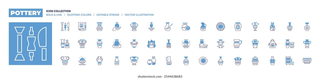 Pottery icon collection. Bold line style. Duotone colors. Editable stroke. ceramic, vase, clay, pottery, plate, ceramics, bottle, jar.