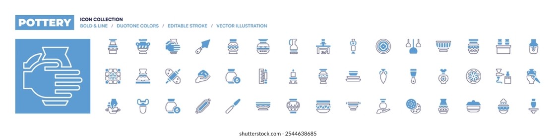 Pottery icon collection. Bold line style. Duotone colors. Editable stroke. loutrophoros, pottery, vase, ceramics, humidity, tool, measuring, candlestick, jar.