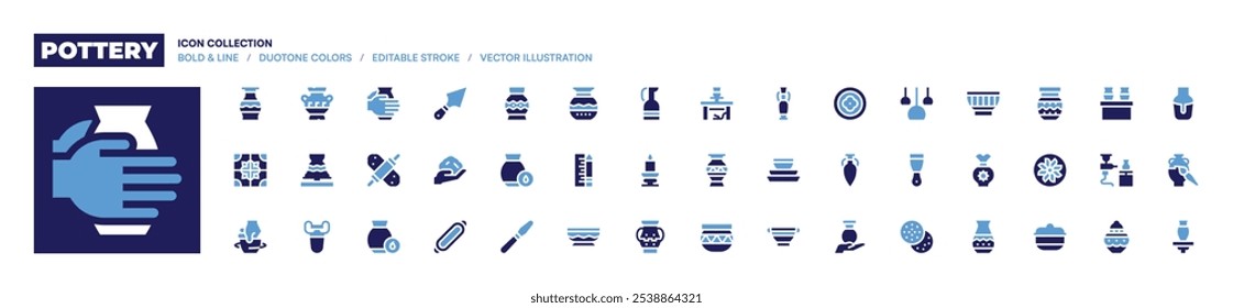 Pottery icon collection. Bold style. Duotone colors. spatula, clay crafting, tiles, craft, amphora, roller, clay, platter, warm, pottery, ceramic.