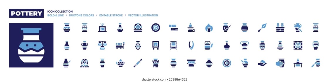 Pottery icon collection. Bold style. Duotone colors. pottery, ceramics, vase, furnace, stove, plates, chandeliers, electric, teapot, tool.