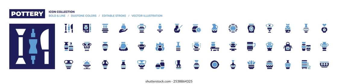 Pottery icon collection. Bold style. Duotone colors. pillar, ceramic, pottery, vase, pot, clay, paint, plans, ceramics, amphora, clay crafting.