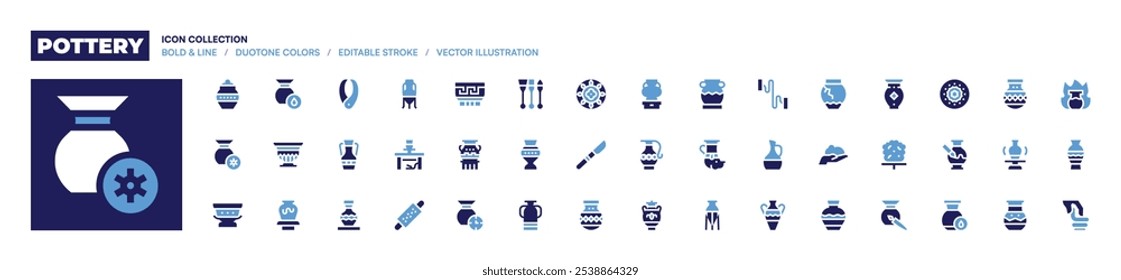 Pottery icon collection. Bold style. Duotone colors. bowl, pot, ceramic, sun, humidity, rolling, time, calipers, pottery, amphora, ceramics.