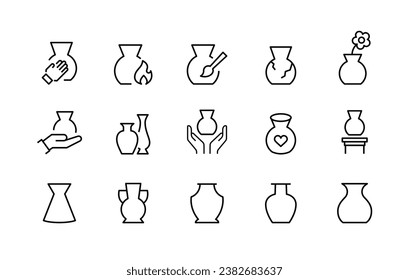 Colección de iconos de alfarería. Consta de jarrones, rotos, cerámicos, iconos antiguos de jarrón de flores de cerámica línea conjunto de trazo editable aislado en blanco, ilustración lineal de contorno vectorial, símbolo de herramientas de estudio de arcilla