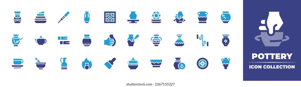 Pottery icon collection. Duotone color. Vector illustration. Containing vase, plates, needle, vessel, tile, pottery, ceramic, craft, adornment, paint, teapot, clay, pot, painting, greece, wire.