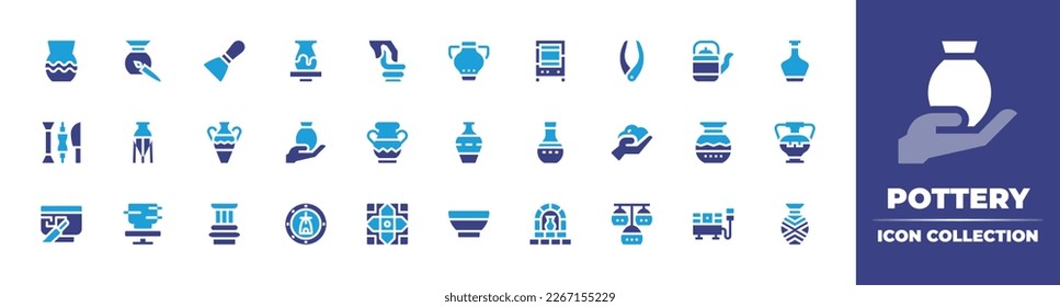 Colección de iconos de alfarería. Color de duotona. Ilustración vectorial. Consta de cerámica, cerámica, cuchillos, modelado, jarrón, horno, herramienta, tetera, antigua, arcilla, cerámica, columna, baldosa, tazón, horno.