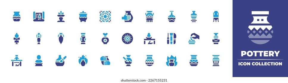 Colección de iconos de alfarería. Color de duotona. Ilustración vectorial. Conteniendo jarrón, medida, jarra, olla, cerámica, loutrophoros, ánforas, cerámica, escultura, pintura, quema.