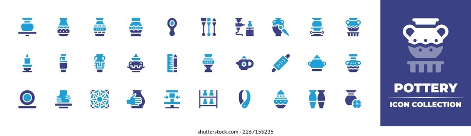 Pottery icon collection. Duotone color. Vector illustration. Containing vase, adornment, spoon, brushes, spray, clay, pot, candlestick, ceramic, measuring, rolling, dishes, pottery, wheel, drying.