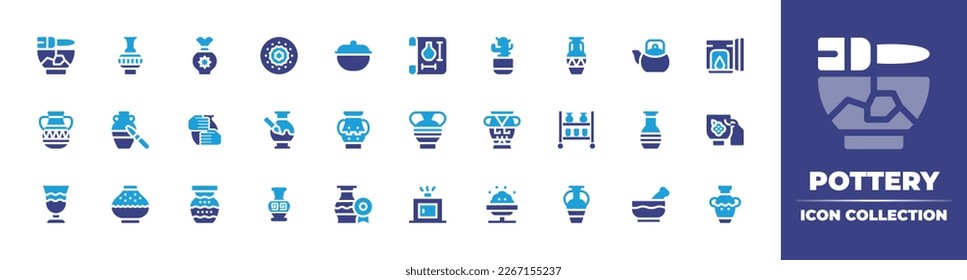 Pottery icon collection. Duotone color. Vector illustration. Containing glue, pottery, ceramics, earthenware, blueprint, flowerpot, amphora, teapot, kiln, vase, trolley, mug, cup, award, stove.