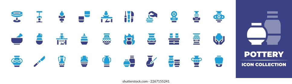 Pottery icon collection. Duotone color. Vector illustration. Containing potter wheel, sculpture, ceramic, cups, pottery, ceramics, mortar, vase, pot, scalpel, amphora.