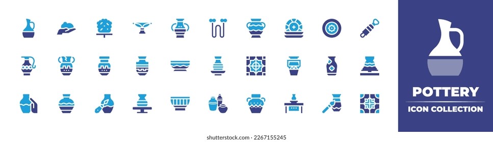 Colección de iconos de alfarería. Color de duotona. Ilustración vectorial. Con jarra, arcilla, jarrón griego, jarrón, alambre, jarrón, platos, plato, tarima, ánforas, baldosas, artesanía de arcilla, cerámica, cerámica, tazón, cerámica.