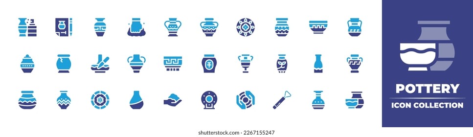 Pottery icon collection. Duotone color. Vector illustration. Containing paint, plans, pot, clay, vase, dish, bowl, amphora, painting, jar, pottery, ceramic, ceramics, tool.