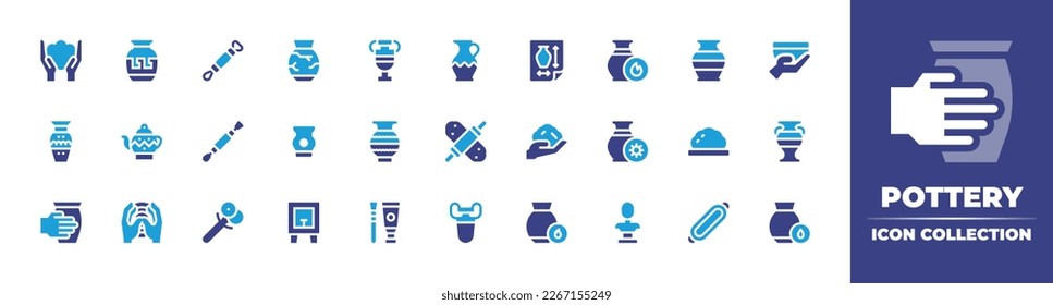 Pottery icon collection. Duotone color. Vector illustration. Containing mold, ceramic, loop, broken, vase, jug, blueprint, burning, bowl, teapot, tool, roller, clay, drying, modeling, spray, paint.