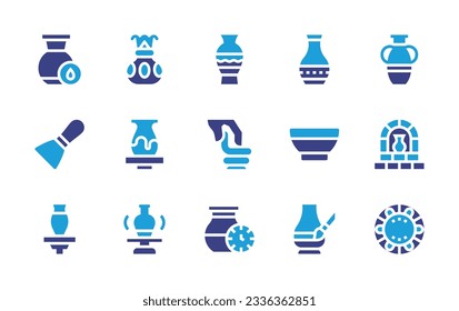 Pottery icon collection. Duotone color. Vector illustration. Containing humidity, vase, amphora, putty knife, pottery, modeling, bowl, furnace, plate. 