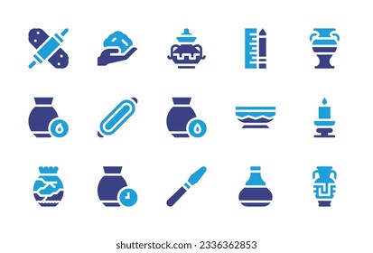 Pottery icon collection. Duotone color. Vector illustration. Containing roller, clay, ceramic, measuring, vase, warm, platter, humidity, candlestick, kintsugi, time, tool. 