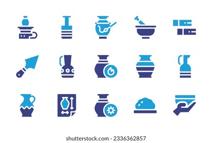 Colección de iconos de alfarería. Color de duotona. Ilustración vectorial. Conteniendo limo, botella, pintura, mortero, arcilla, espátula, frasco, arder, jarrón, jarra, hojalata, plano, secado, tazón. 