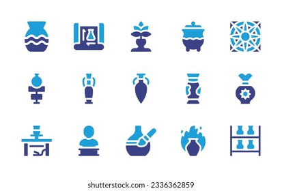 Pottery icon collection. Duotone color. Vector illustration. Containing vase, measuring, jar, pot, pottery, ceramic, loutrophoros, amphora, ceramics, sculpture, painting, burning, drying. 