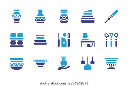 Pottery icon collection. Duotone color. Vector illustration. Containing vase, plates, needle, ceramics, tools, pottery, pot, lamps. 