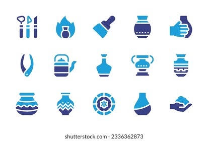 Pottery icon collection. Duotone color. Vector illustration. Containing tools, fire, putty knife, pot, vase, tool, teapot, vessel, amphora, pottery, dish, clay. 
