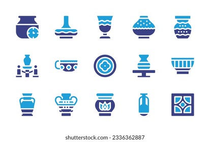 Pottery icon collection. Duotone color. Vector illustration. Containing drying, jar, cup, pottery, exhibition, mug, plate, bowl, vase, pot, vessel, tile. 