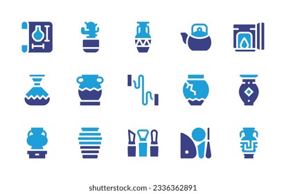 Pottery icon collection. Duotone color. Vector illustration. Containing blueprint, flowerpot, amphora, teapot, kiln, vase, ceramic, wire, adornment, porcelain, pottery, jar, tools. 