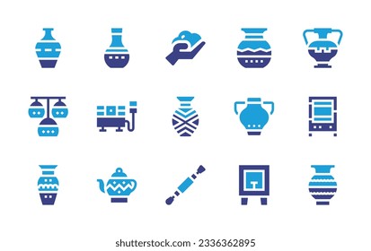 Pottery icon collection. Duotone color. Vector illustration. Containing vase, clay, chandeliers, electric, oven, teapot, tool, spray. 