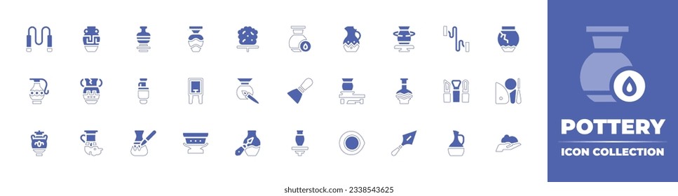 Pottery icon collection. Duotone style line stroke and bold. Vector illustration. Containing cutting, amphora, pottery, clay, humidity, wire, adornment, vase, ceramic, spray, putty knife, and more.