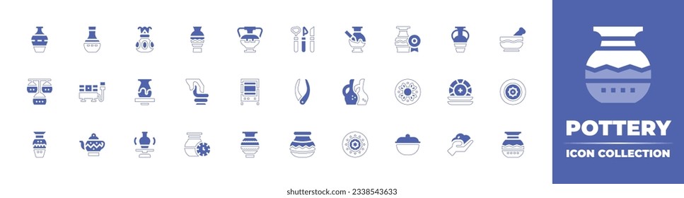 Pottery icon collection. Duotone style line stroke and bold. Vector illustration. Containing vase, amphora, tools, pottery, award, mortar, chandeliers, electric, modeling, oven, tool, plates, and more