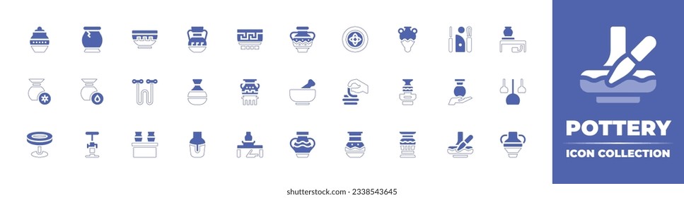 Pottery icon collection. Duotone style line stroke and bold. Vector illustration. Containing pot, vase, bowl, amphora, plate, tools, pottery, sun, humidity, wire, ceramic, mortar, ceramics, and more.