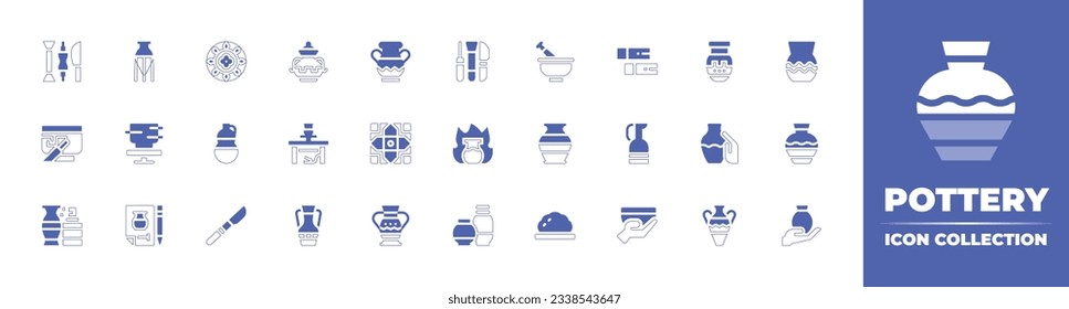 Pottery icon collection. Duotone style line stroke and bold. Vector illustration. Containing pottery, dish, ceramic, ancient, mortar, clay, vase, ceramics, tile, jar, paint, plans, scalpel, and more.