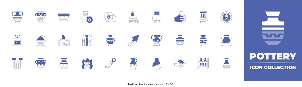 Pottery icon collection. Duotone style line stroke and bold. Vector illustration. Containing vase, amphora, bowl, humidity, mug, lathe, pot, pillar, ceramics, stove, clay crafting, pottery, and more.