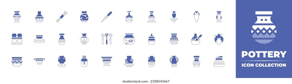 Pottery icon collection. Duotone style line stroke and bold. Vector illustration. Containing vase, loop, broken, needle, pottery, amphora, ceramics, tools, pot, ceramic, painting, burning, and more.