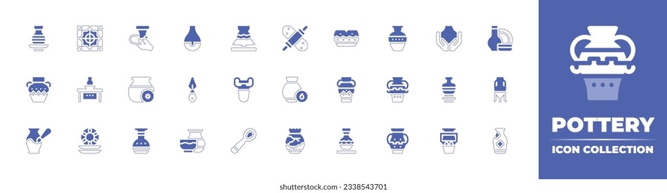 Pottery icon collection. Duotone style line stroke and bold. Vector illustration. Containing clay, tiles, rhyton circa, vase, clay crafting, roller, vessel, greek vase, ceramics, pottery, and more.