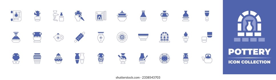 Pottery icon collection. Duotone style line stroke and bold. Vector illustration. Containing blueprint, flowerpot, spray, clay, kiln, pot, vase, pottery, putty, ceramic, rolling, porcelain, and more.