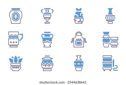 Pottery icon set. Bold line style. Duotone colors. Editable stroke. vase, pottery, ceramics, amphora, earthenware, oven, apron.