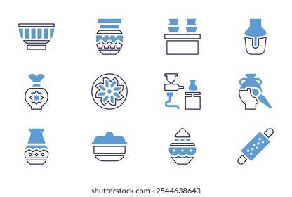 Pottery icon set. Bold line style. Duotone colors. Editable stroke. spray, clay, rolling, jar, pottery.