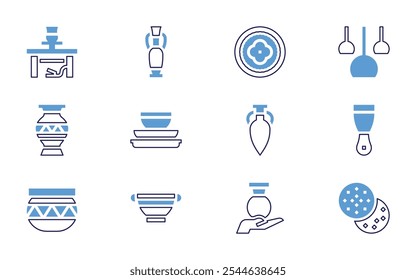 Pottery icon set. Bold line style. Duotone colors. Editable stroke. putty, amphora, ceramics, lamps, pot, plate, bowl, earthenware, vase, pottery, ceramic.