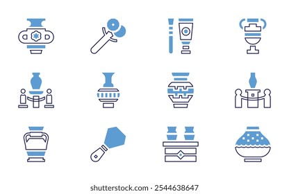 Pottery icon set. Bold line style. Duotone colors. Editable stroke. pottery, vase, paint, exhibition, mold, electric, kintsugi, ceramic, tools.