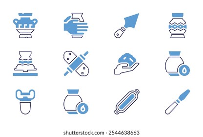 Pottery icon set. Bold line style. Duotone colors. Editable stroke. exhibition, vase, tool, knife, pottery, clay, platter, humidity, spatula.