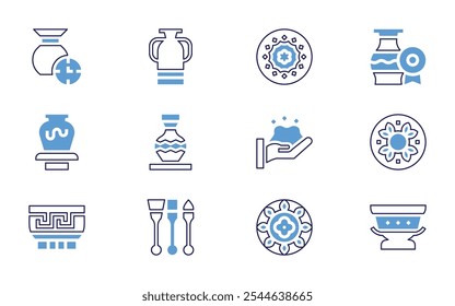 Pottery icon set. Bold line style. Duotone colors. Editable stroke. dish, pottery, clay, tiles, electric, vase, award, ceramics, clay crafting.