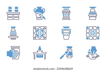 Pottery icon set. Bold line style. Duotone colors. Editable stroke. clay crafting, vase, tiles, craft, amphora, roller, warm, pottery, ceramic.