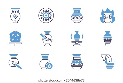 Pottery icon set. Bold line style. Duotone colors. Editable stroke. ceramic, ceramics, modeling, amphora, pottery, measuring, candlestick, vase, jar.