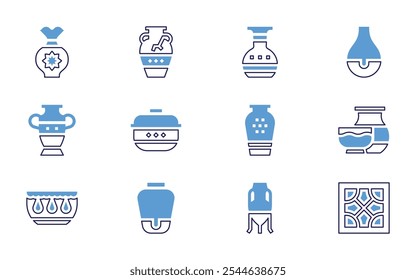 Pottery icon set. Bold line style. Duotone colors. Editable stroke. bowl, pottery, ceramic, brushes, time, vase, ceramics, wall.