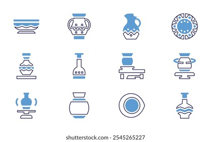 Pottery icon set. Bold line style. Duotone colors. Editable stroke. plate, pottery, stove, vase, chandeliers, electric, teapot.