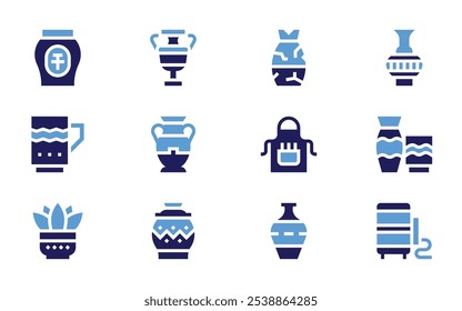 Pottery icon set. Bold style. Duotone colors. vase, pottery, jar, mug, ceramics, oven, pot, ceramic, apron.