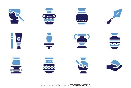 Pottery icon set. Bold style. Duotone colors. tool, pot, pottery, ceramic, vase, painting, clay, amphora, vessel.