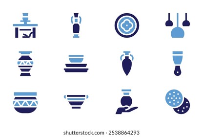 Pottery icon set. Bold style. Duotone colors. putty, loutrophoros, amphora, pottery, vase, lamps, pot, ceramics, plate, ceramic.